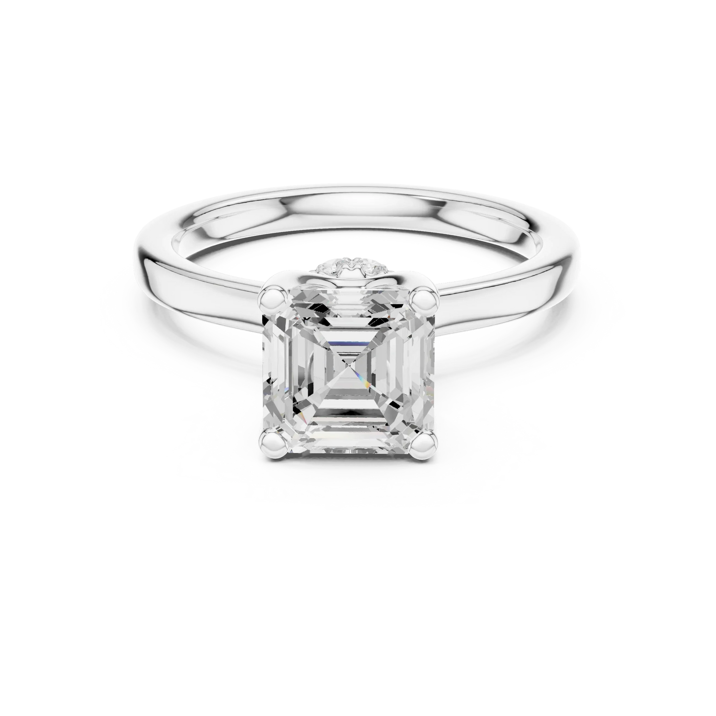 White gold Asscher cut solitaire ring with hidden halo and domed band featuring lab-grown diamond, vintage-inspired design