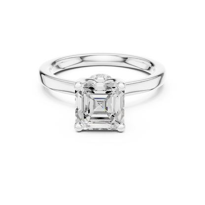 White gold Asscher cut solitaire ring with hidden halo and domed band featuring lab-grown diamond, vintage-inspired design