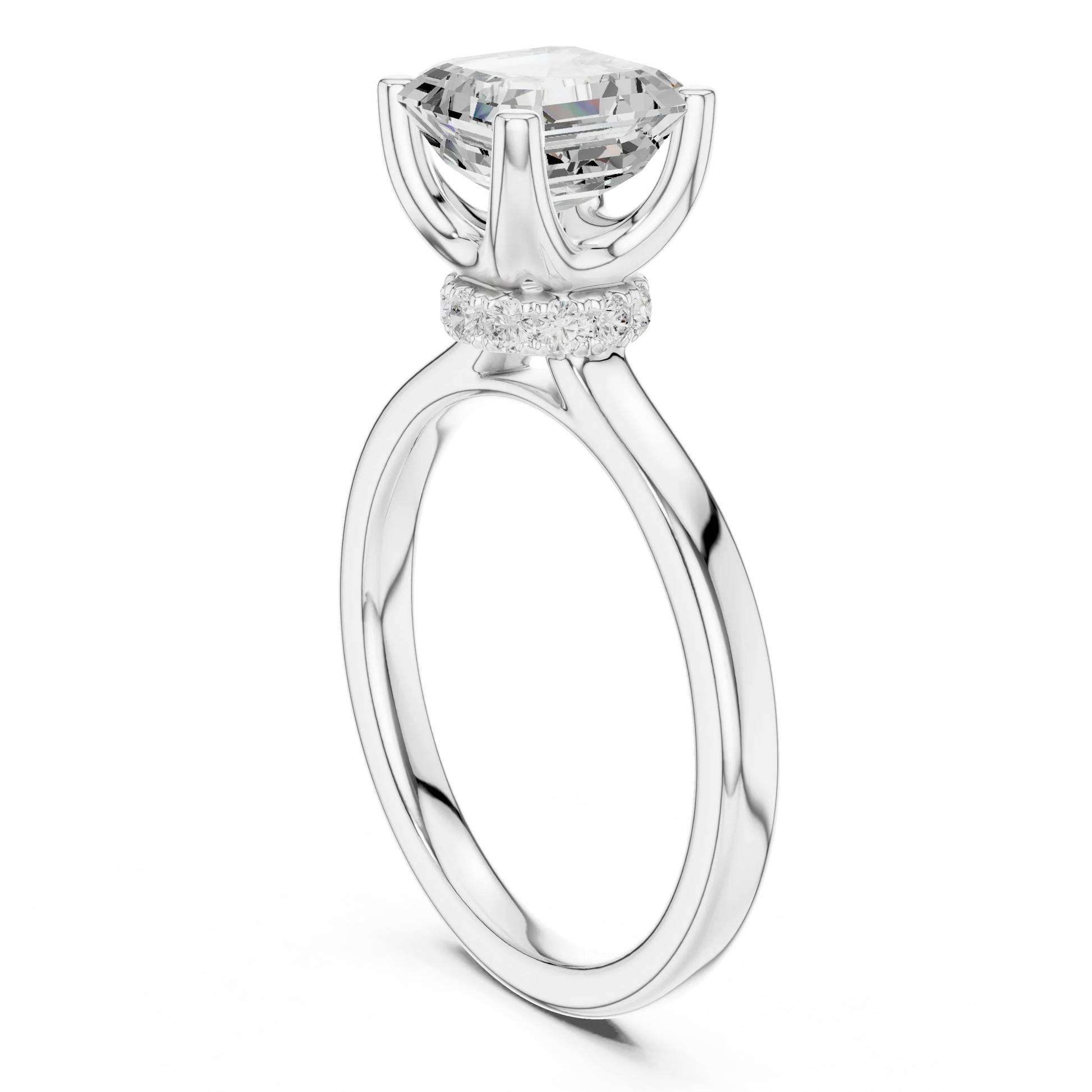 Back view of white gold Asscher cut solitaire ring showing hidden halo and domed band details