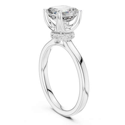 Back view of white gold Asscher cut solitaire ring showing hidden halo and domed band details