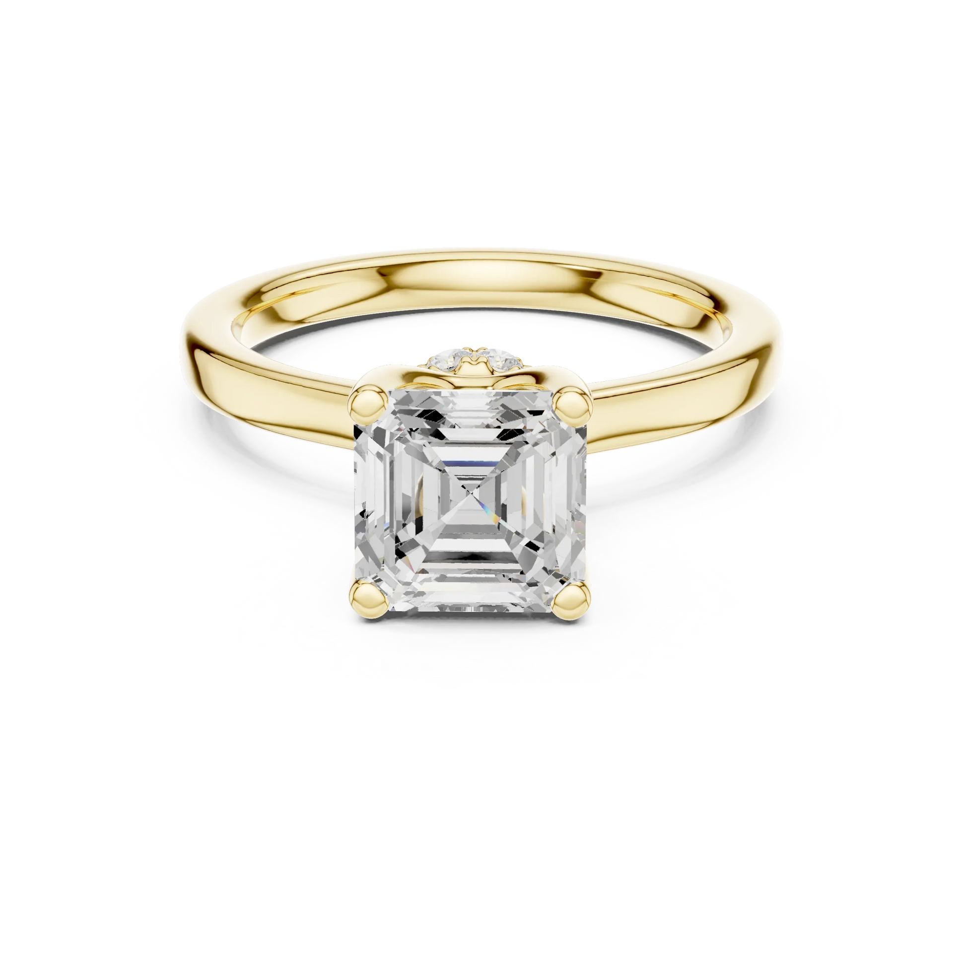 Yellow gold Asscher cut solitaire ring with hidden halo and domed band featuring lab-grown diamond, classic style