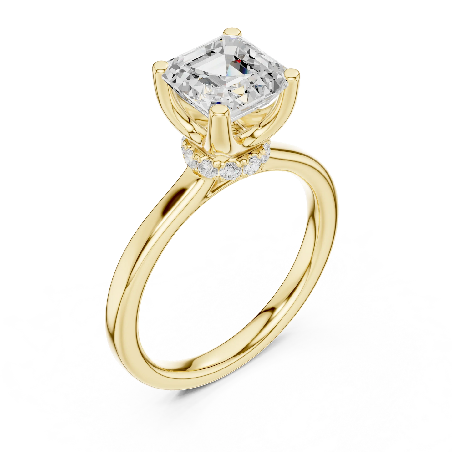 Front view of yellow gold Asscher cut solitaire ring with hidden halo and domed band and lab-created diamond