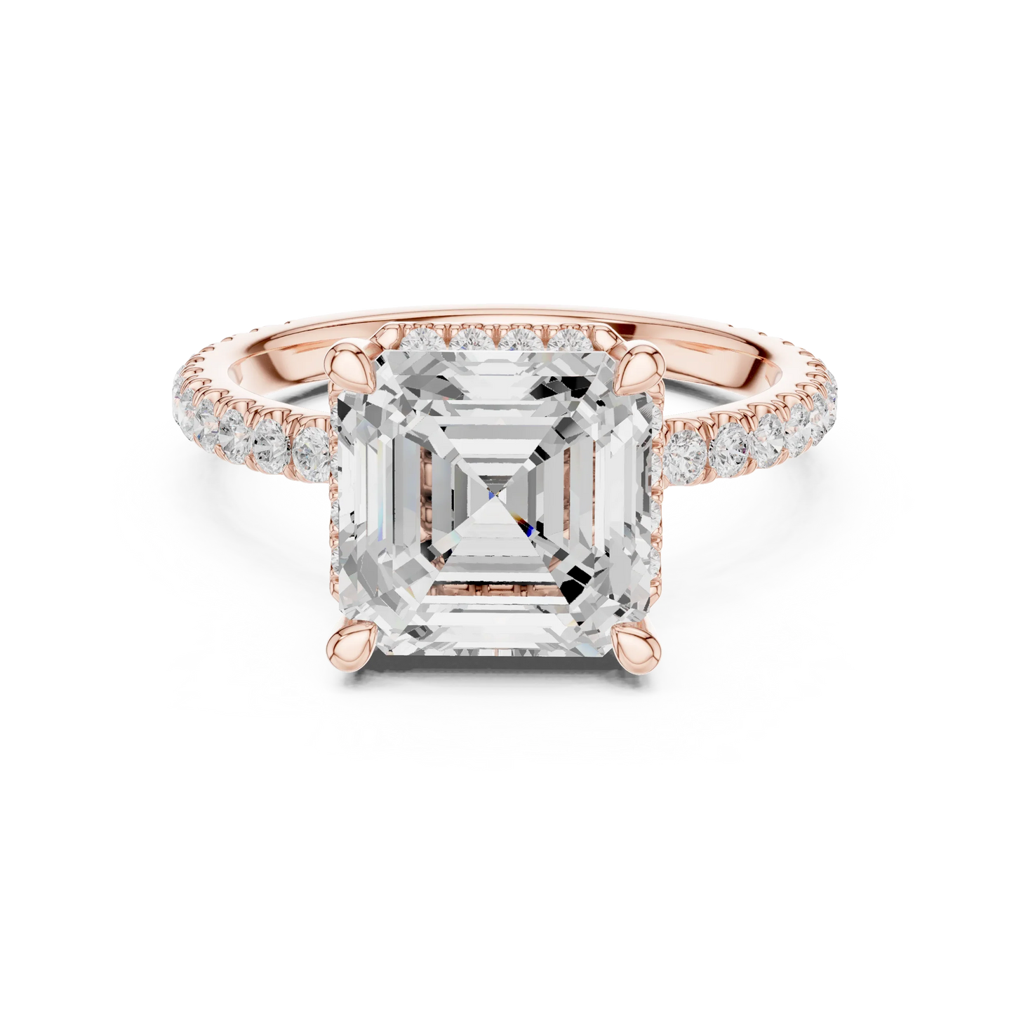 Rose gold Asscher cut solitaire ring with hidden halo and domed band featuring lab-grown diamond, modern vintage look