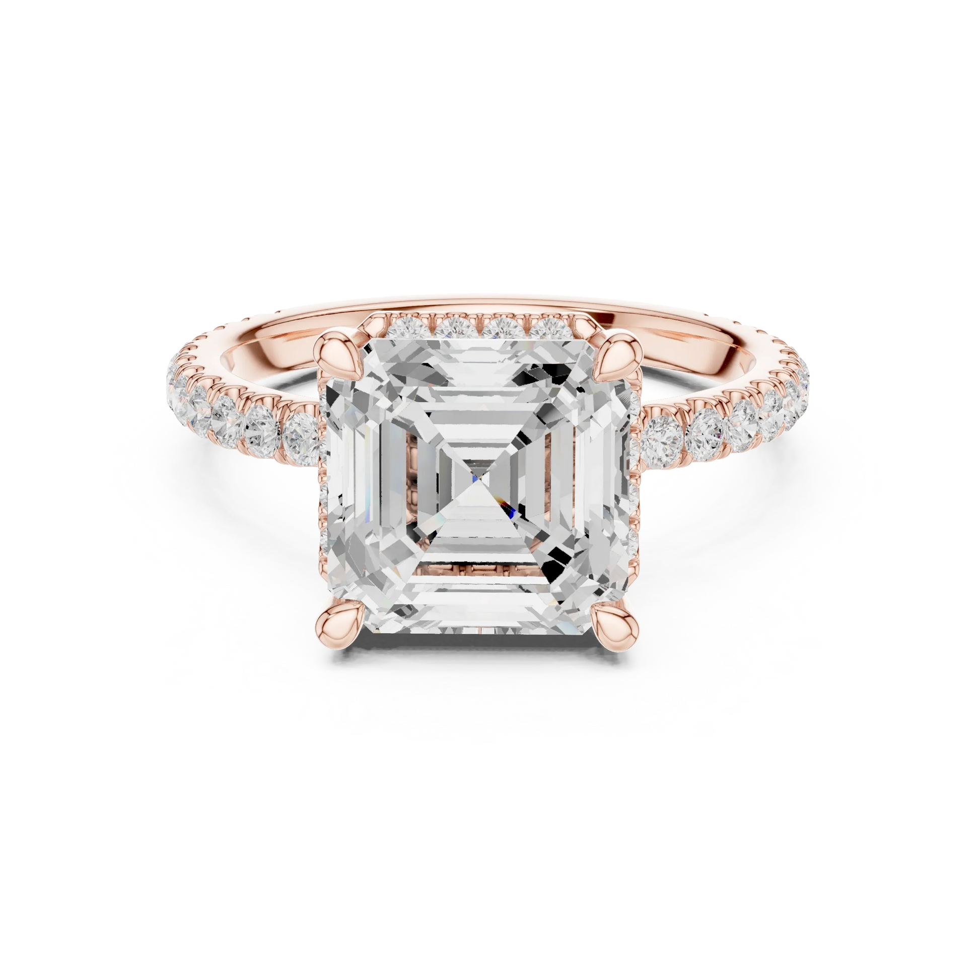 Rose gold Asscher cut solitaire ring with hidden halo and domed band featuring lab-grown diamond, modern vintage look