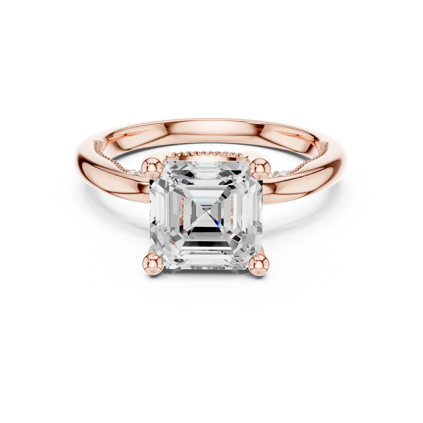 Rose gold Asscher cut solitaire ring with hidden halo and domed band featuring lab-grown diamond, modern vintage look