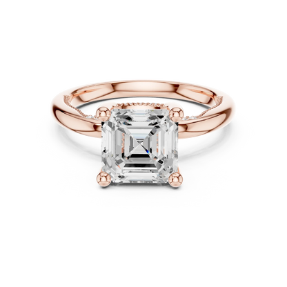 Rose gold Asscher cut solitaire ring with hidden halo and domed band featuring lab-grown diamond, modern vintage look