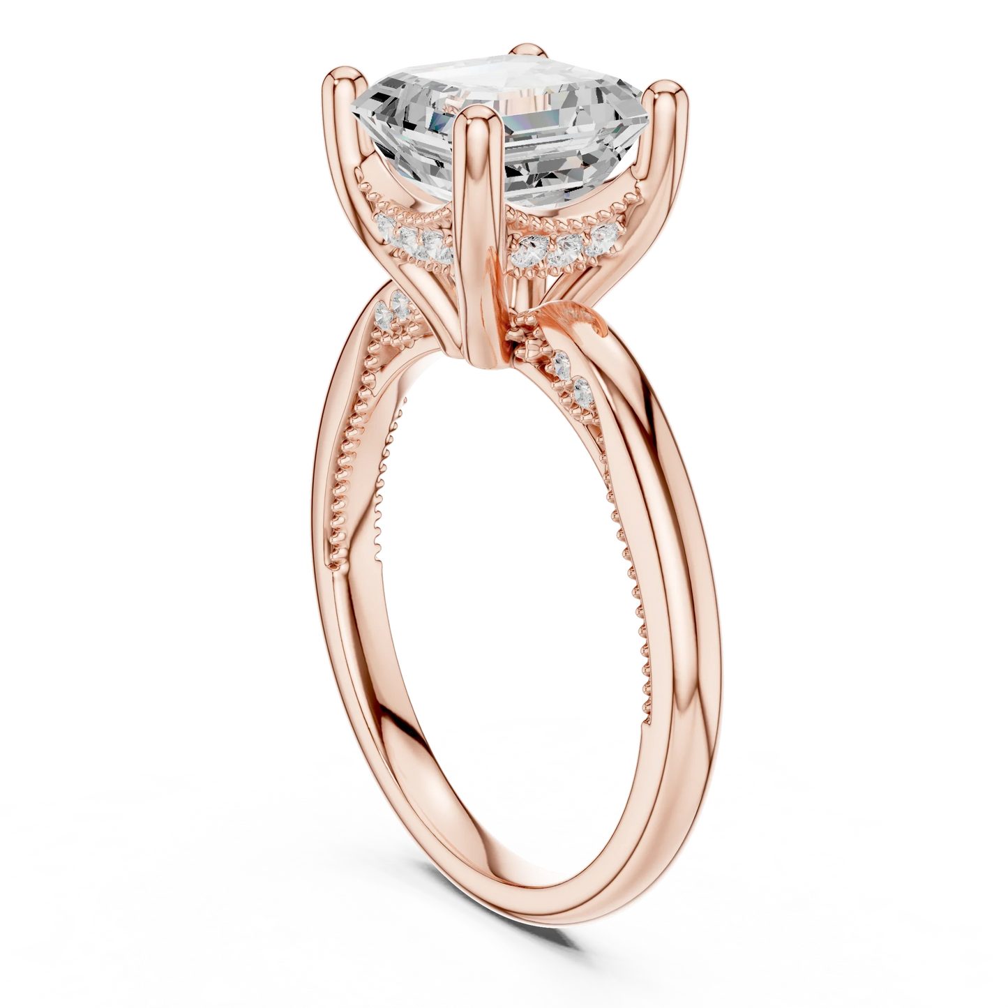 Back side view of rose gold Asscher cut solitaire ring showing hidden halo and domed band structure