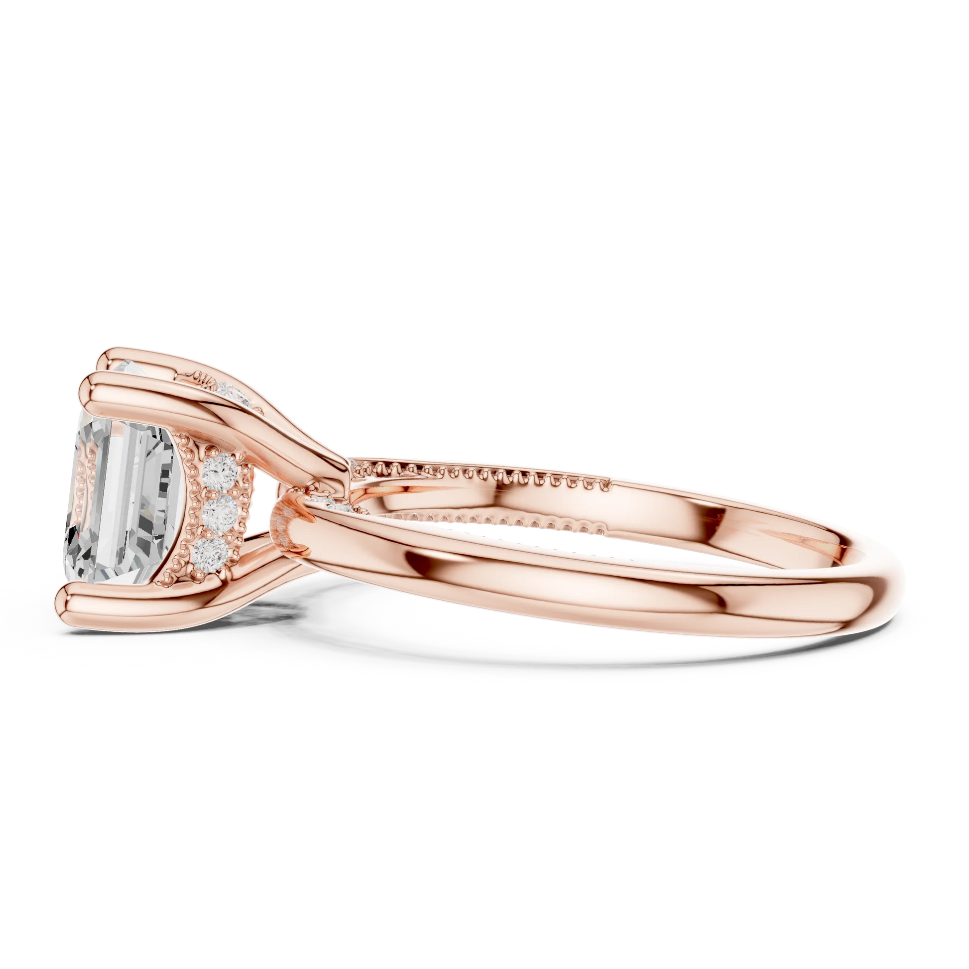 Side view of rose gold Asscher cut solitaire ring highlighting hidden halo and domed band design