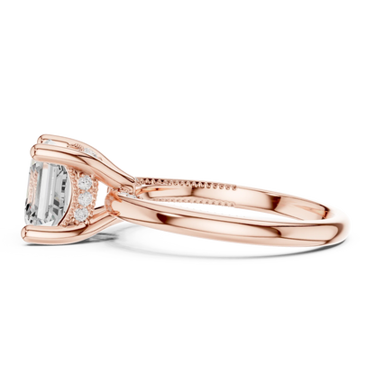 Side view of rose gold Asscher cut solitaire ring highlighting hidden halo and domed band design
