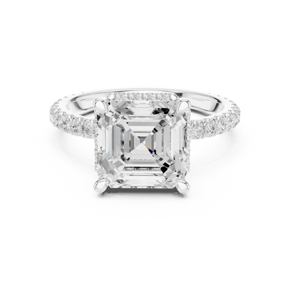 White gold Asscher cut solitaire ring with hidden halo and domed band featuring lab-grown diamond, vintage-inspired elegance