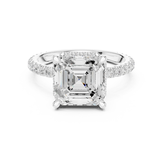 White gold Asscher cut solitaire ring with hidden halo and domed band featuring lab-grown diamond, vintage-inspired elegance