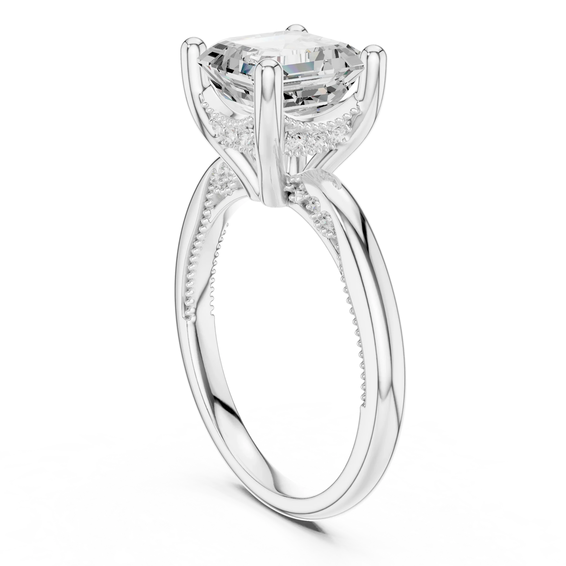 Back side view of white gold Asscher cut solitaire ring showing hidden halo and domed band details