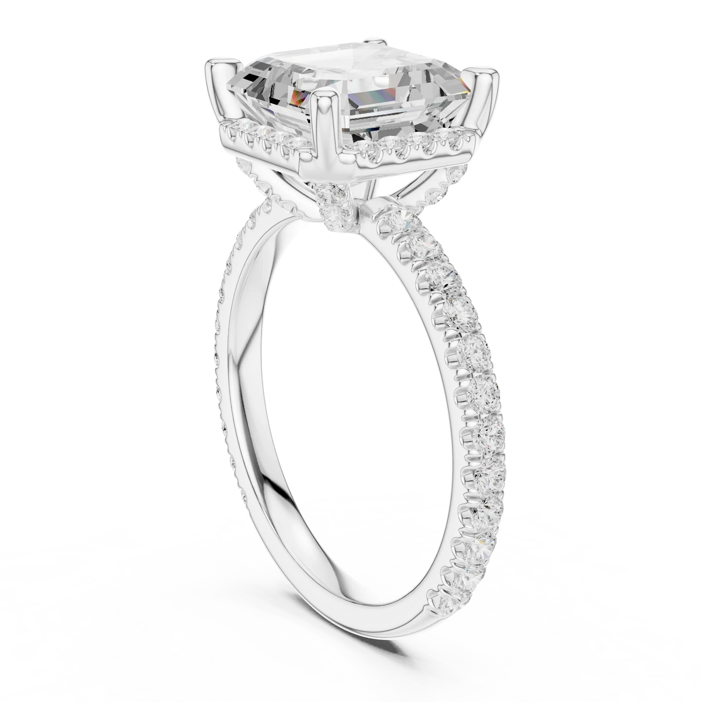 Back side view of white gold Asscher cut solitaire ring highlighting hidden halo and domed band details