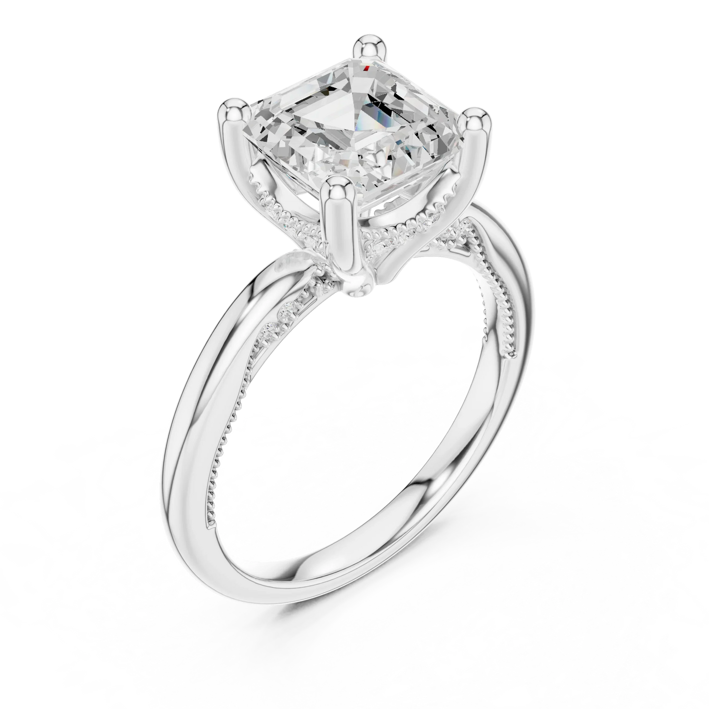 Front view of white gold Asscher cut solitaire ring with hidden halo and domed band and lab-created diamond