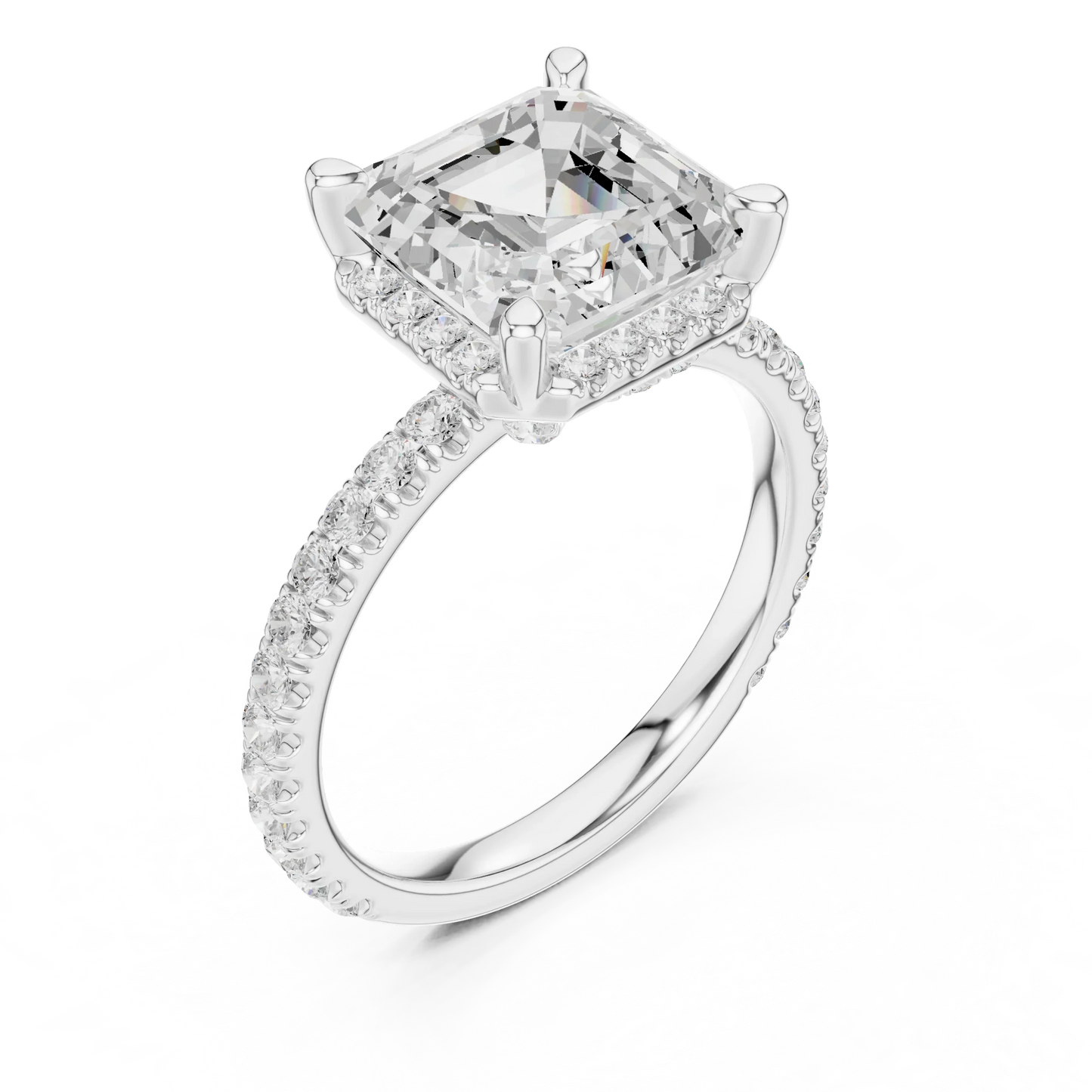 Front view of white gold Asscher cut solitaire ring with hidden halo and domed band showcasing lab-created diamond