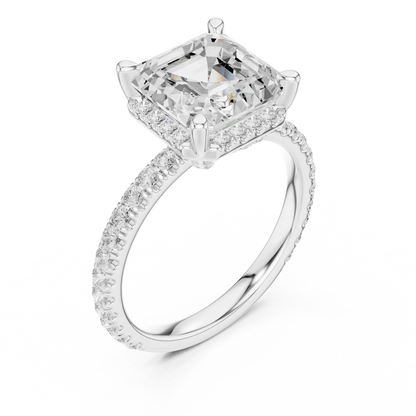 Front view of white gold Asscher cut solitaire ring with hidden halo and domed band showcasing lab-created diamond