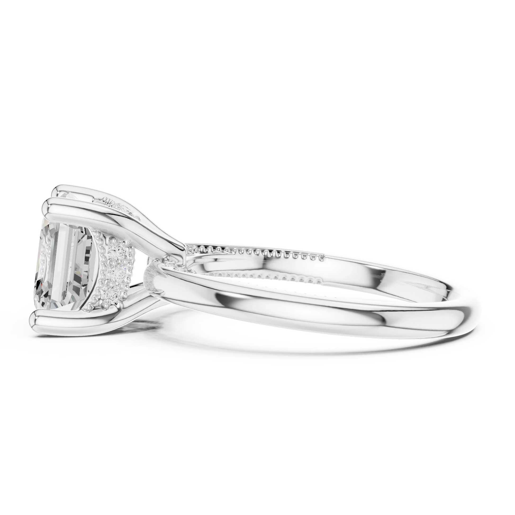 Side view of white gold Asscher cut solitaire ring highlighting hidden halo and domed band design