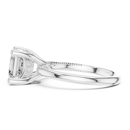 Side view of white gold Asscher cut solitaire ring highlighting hidden halo and domed band design