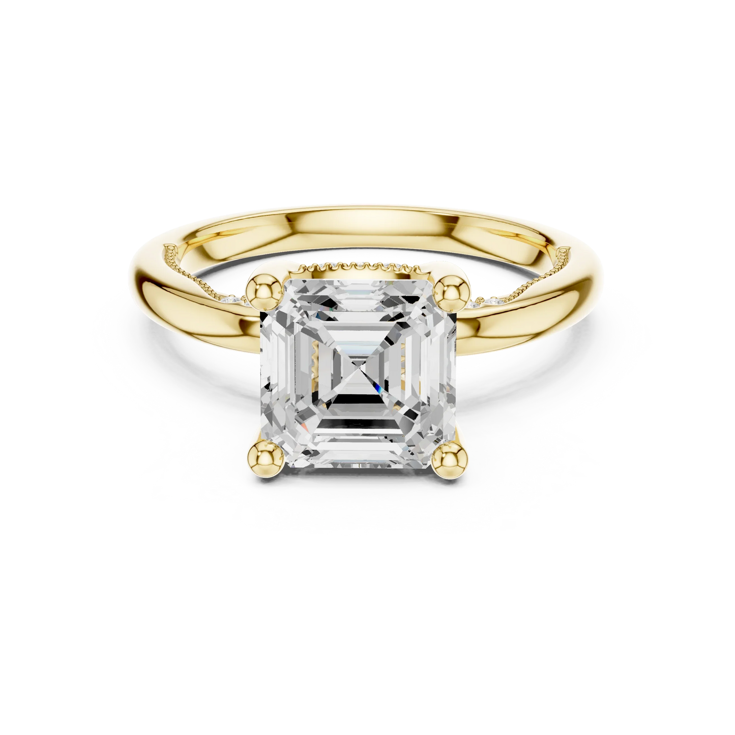 Yellow gold Asscher cut solitaire ring with hidden halo and domed band featuring lab-grown diamond, classic style