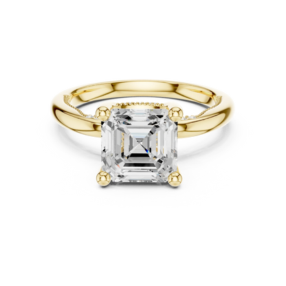 Yellow gold Asscher cut solitaire ring with hidden halo and domed band featuring lab-grown diamond, classic style