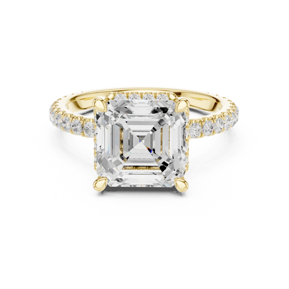 Yellow gold Asscher cut solitaire ring with hidden halo and domed band featuring lab-grown diamond, classic vintage style