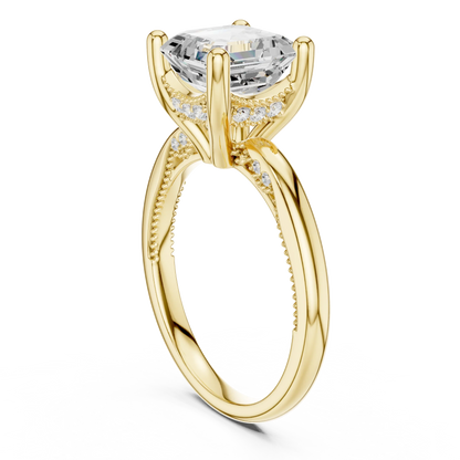 Back side view of yellow gold Asscher cut solitaire ring showing hidden halo and domed band details