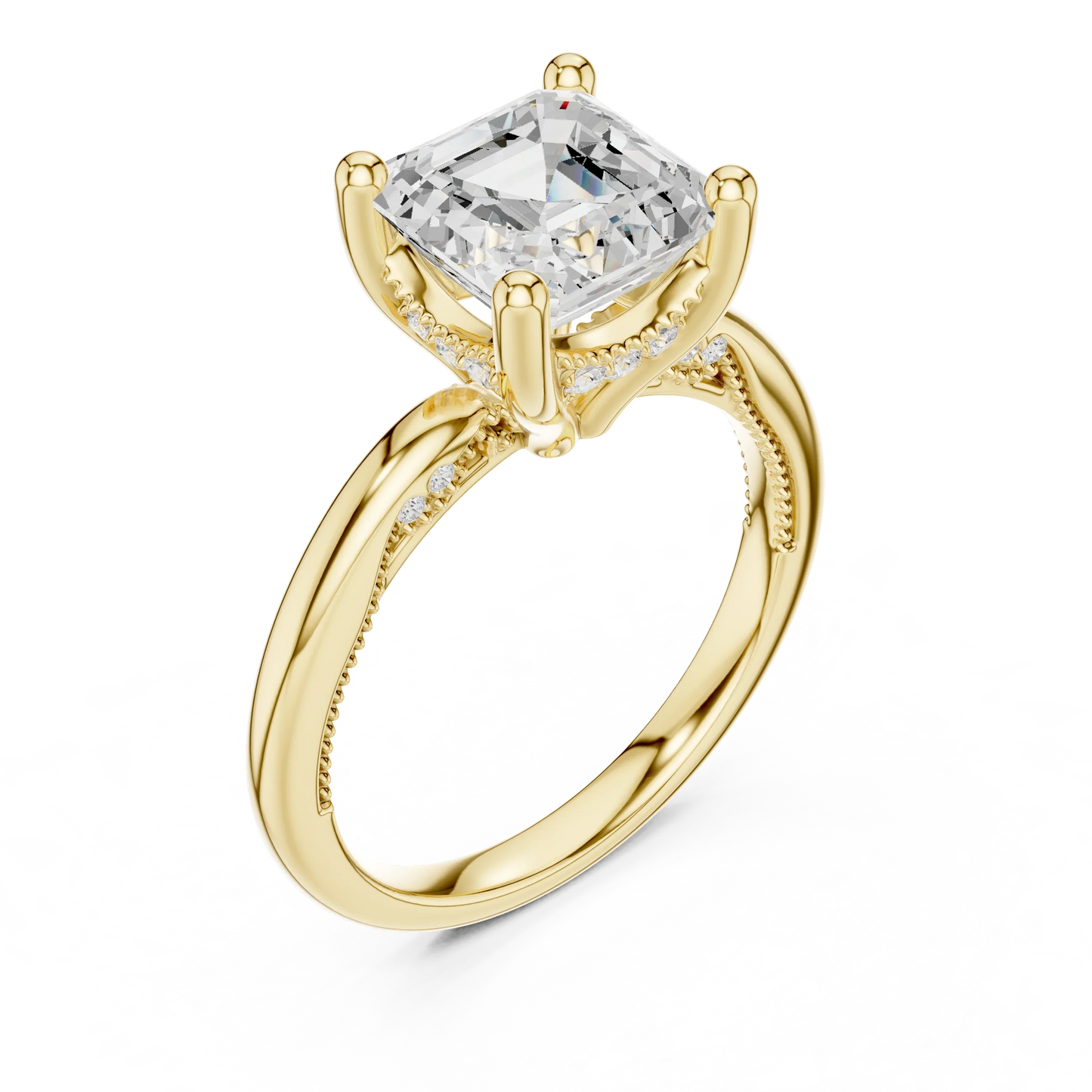 Front view of yellow gold Asscher cut solitaire ring with hidden halo and domed band and lab-created diamond
