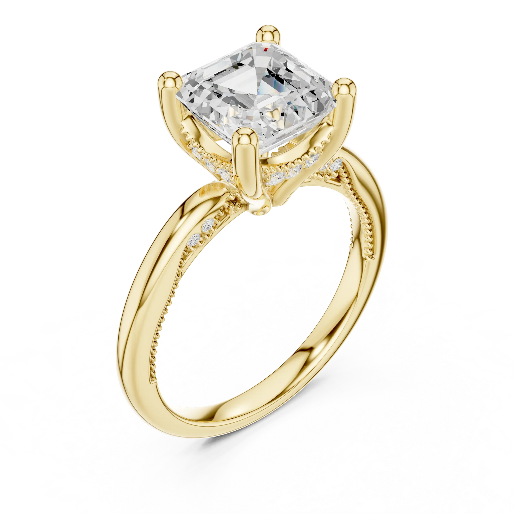 Front view of yellow gold Asscher cut solitaire ring with hidden halo and domed band and lab-created diamond