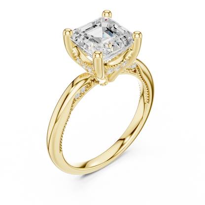 Front view of yellow gold Asscher cut solitaire ring with hidden halo and domed band and lab-created diamond