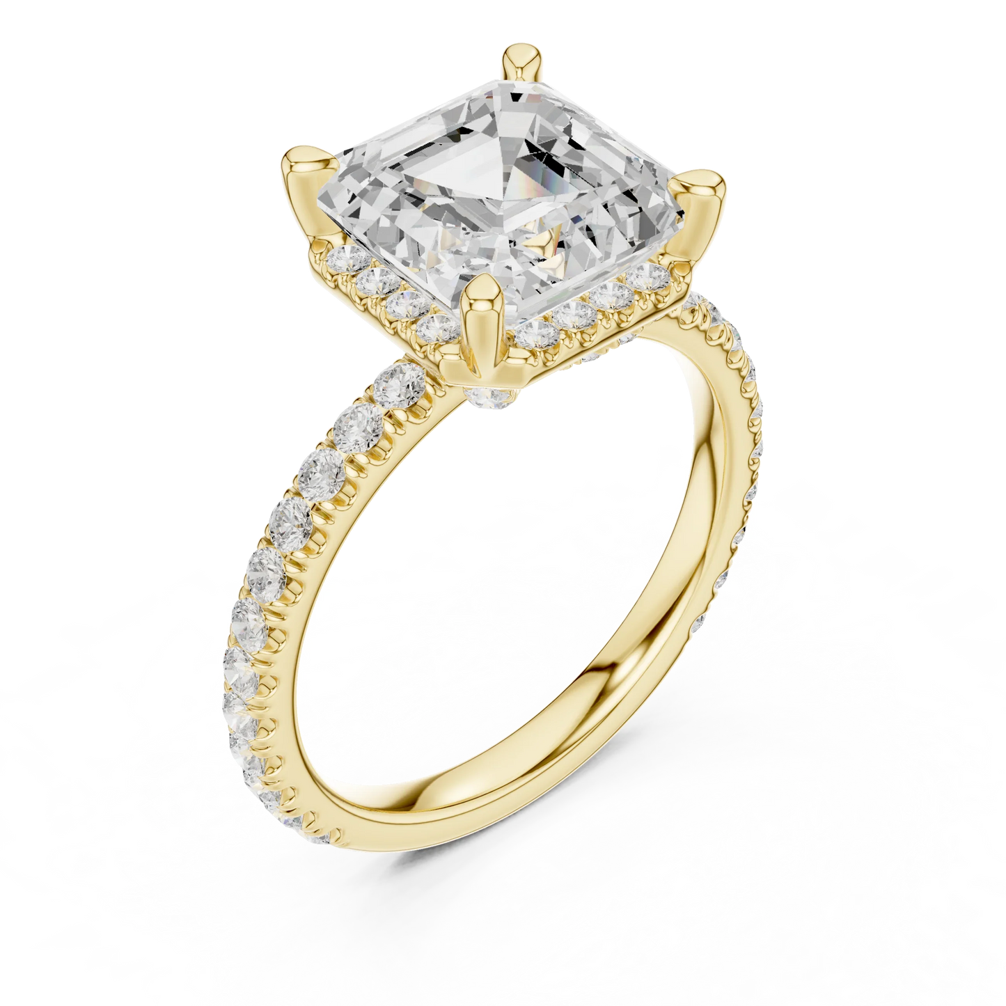 Front view of yellow gold Asscher cut solitaire ring with hidden halo and domed band displaying lab-created diamond