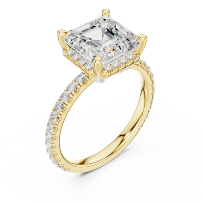 Front view of yellow gold Asscher cut solitaire ring with hidden halo and domed band displaying lab-created diamond