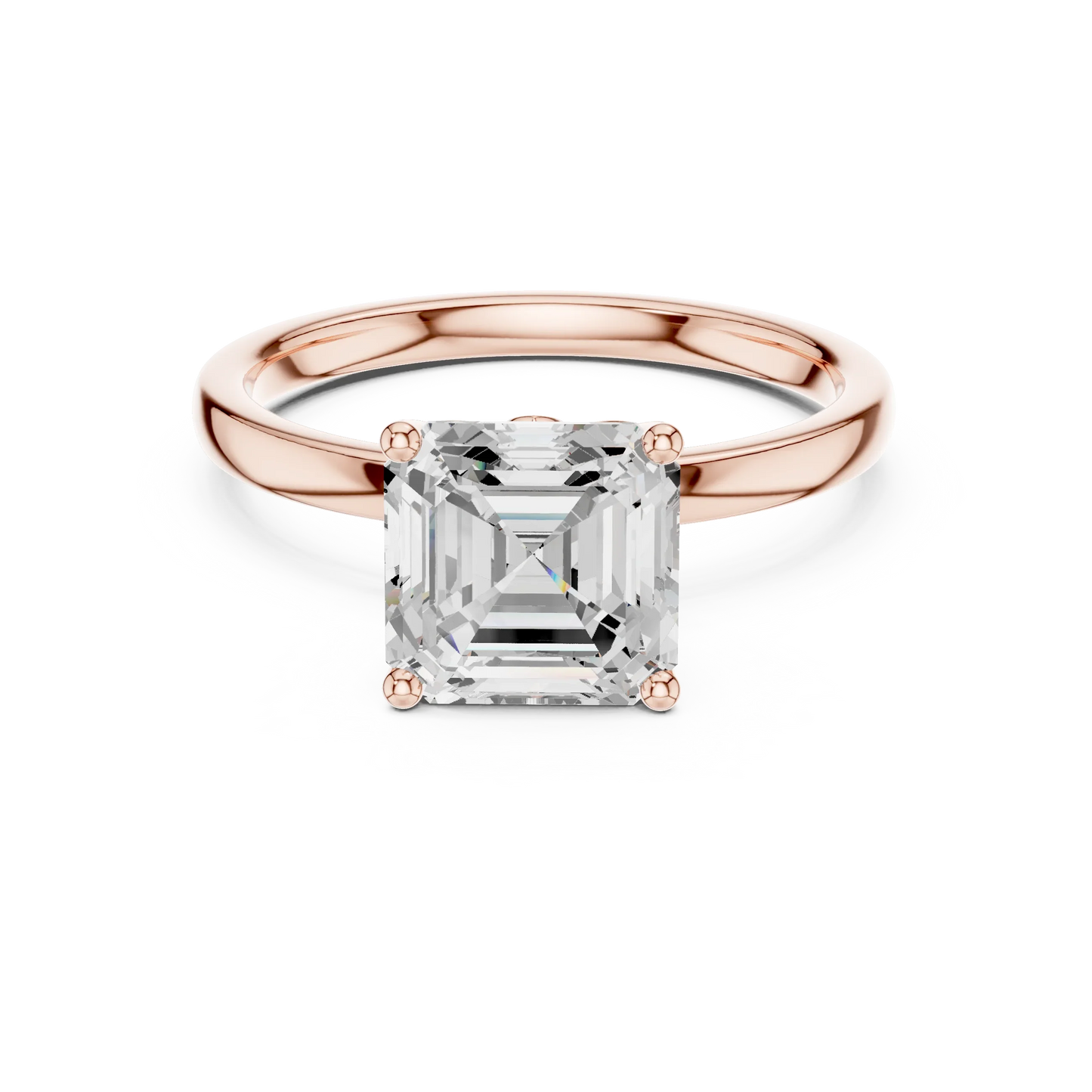 Lab-grown Asscher cut solitaire ring in rose gold with plain domed band