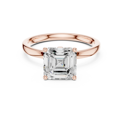 Lab-grown Asscher cut solitaire ring in rose gold with plain domed band