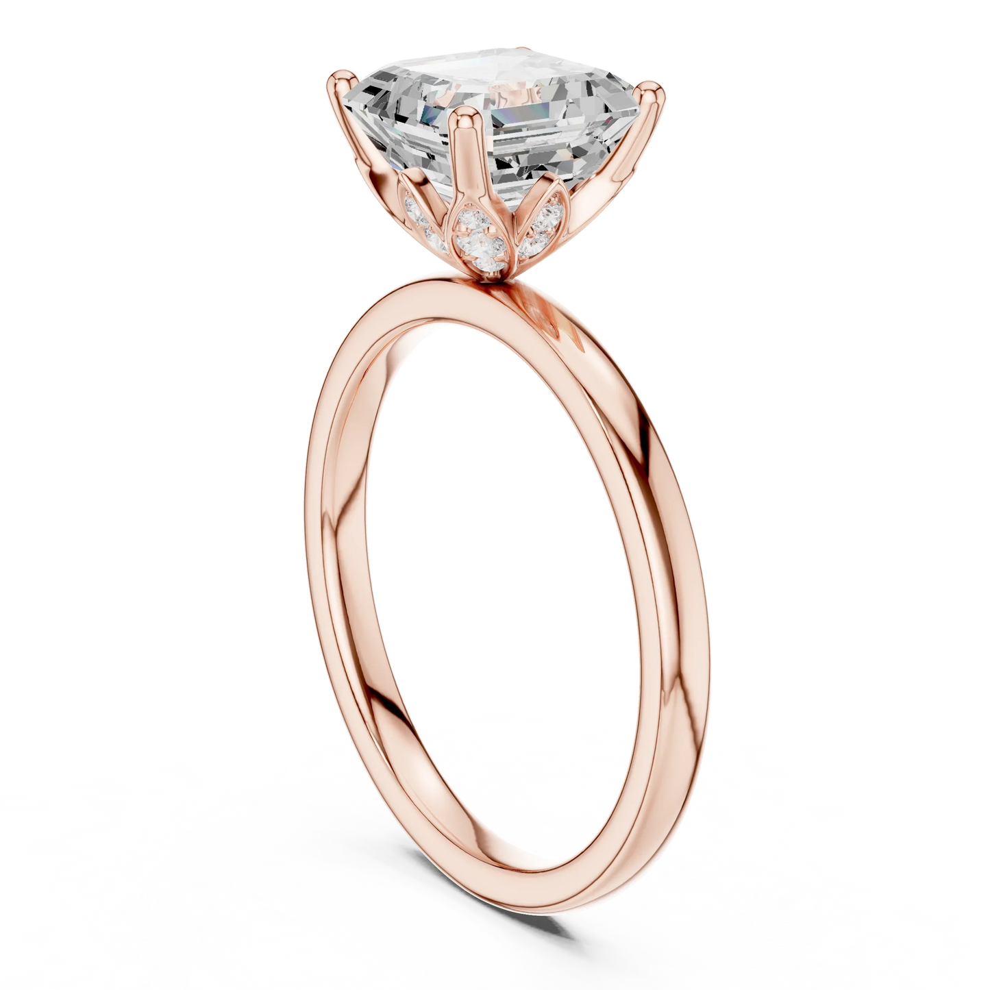 Back side view of rose gold Asscher cut solitaire ring showing band and setting details