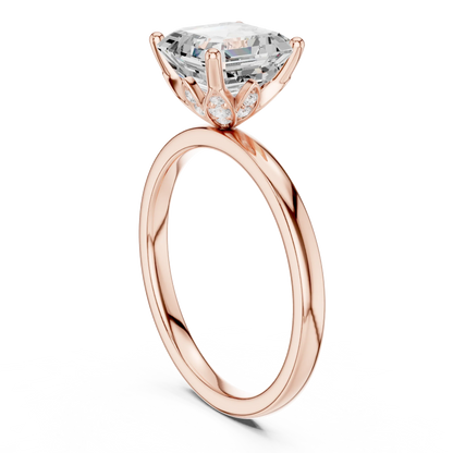 Back side view of rose gold Asscher cut solitaire ring showing band and setting details