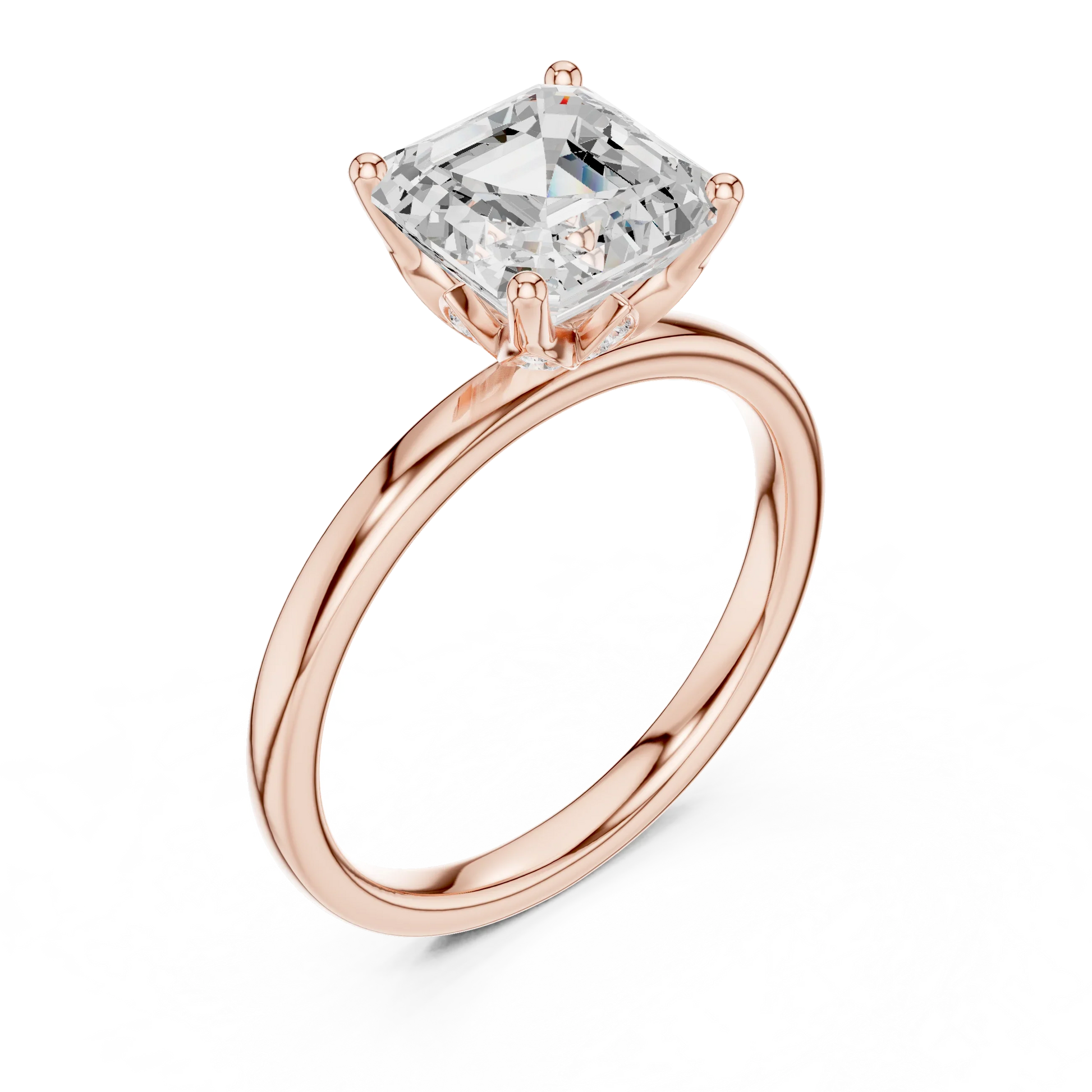 Front view of rose gold Asscher cut solitaire ring with domed band and center stone
