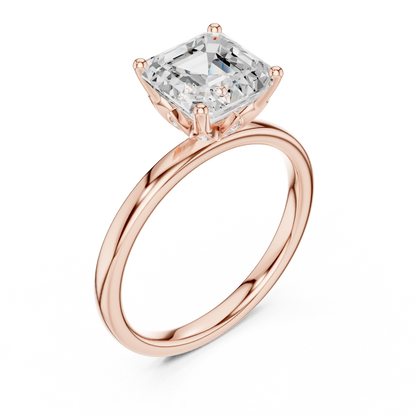 Front view of rose gold Asscher cut solitaire ring with domed band and center stone