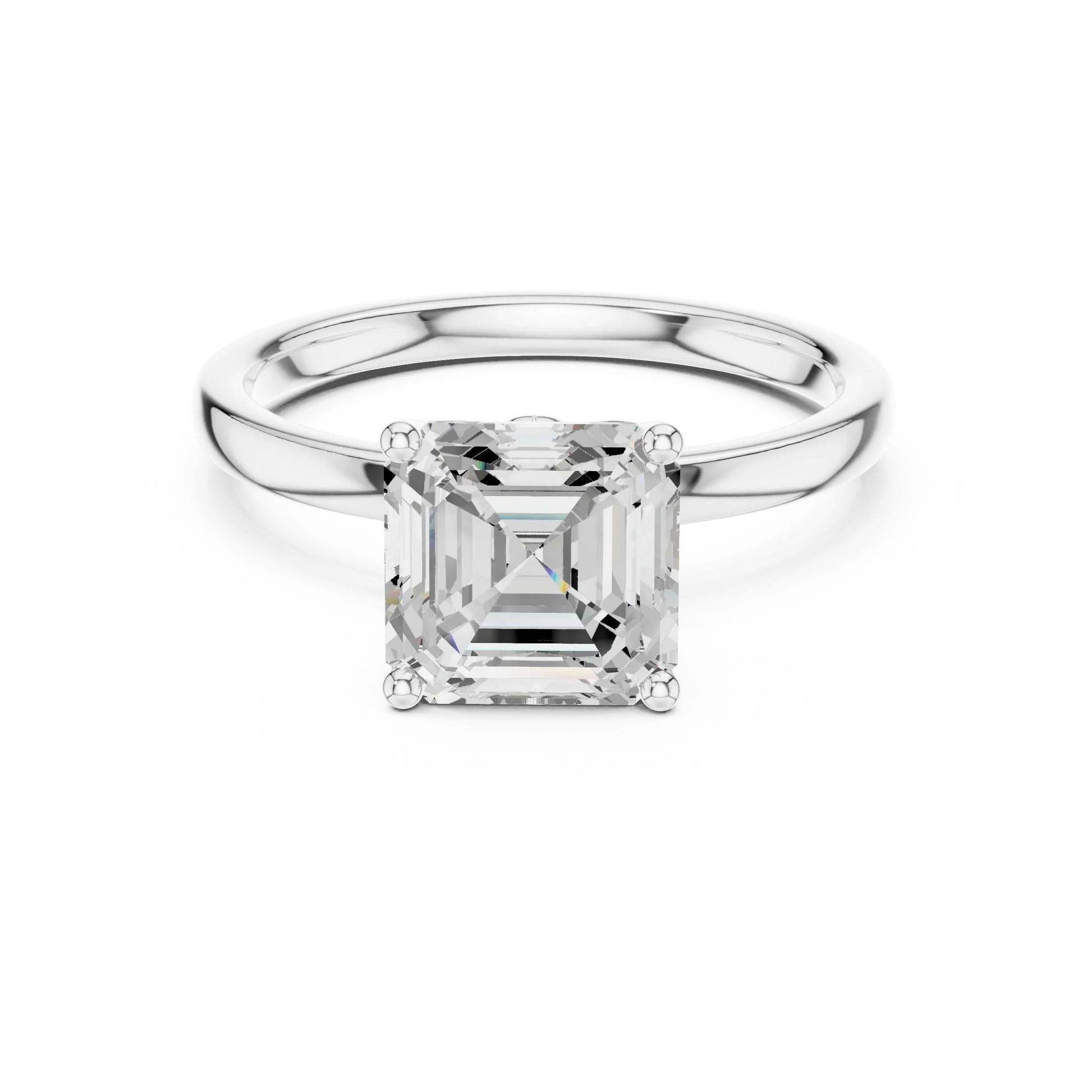 Lab-grown Asscher cut solitaire ring in white gold with plain domed band