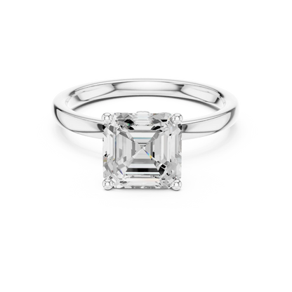Lab-grown Asscher cut solitaire ring in white gold with plain domed band