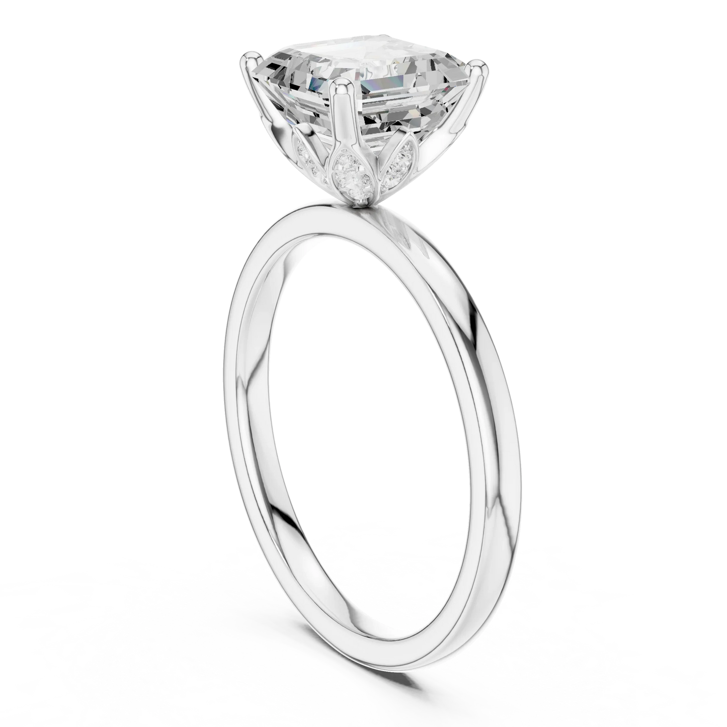 Back side view of white gold Asscher cut solitaire ring showing band and setting details