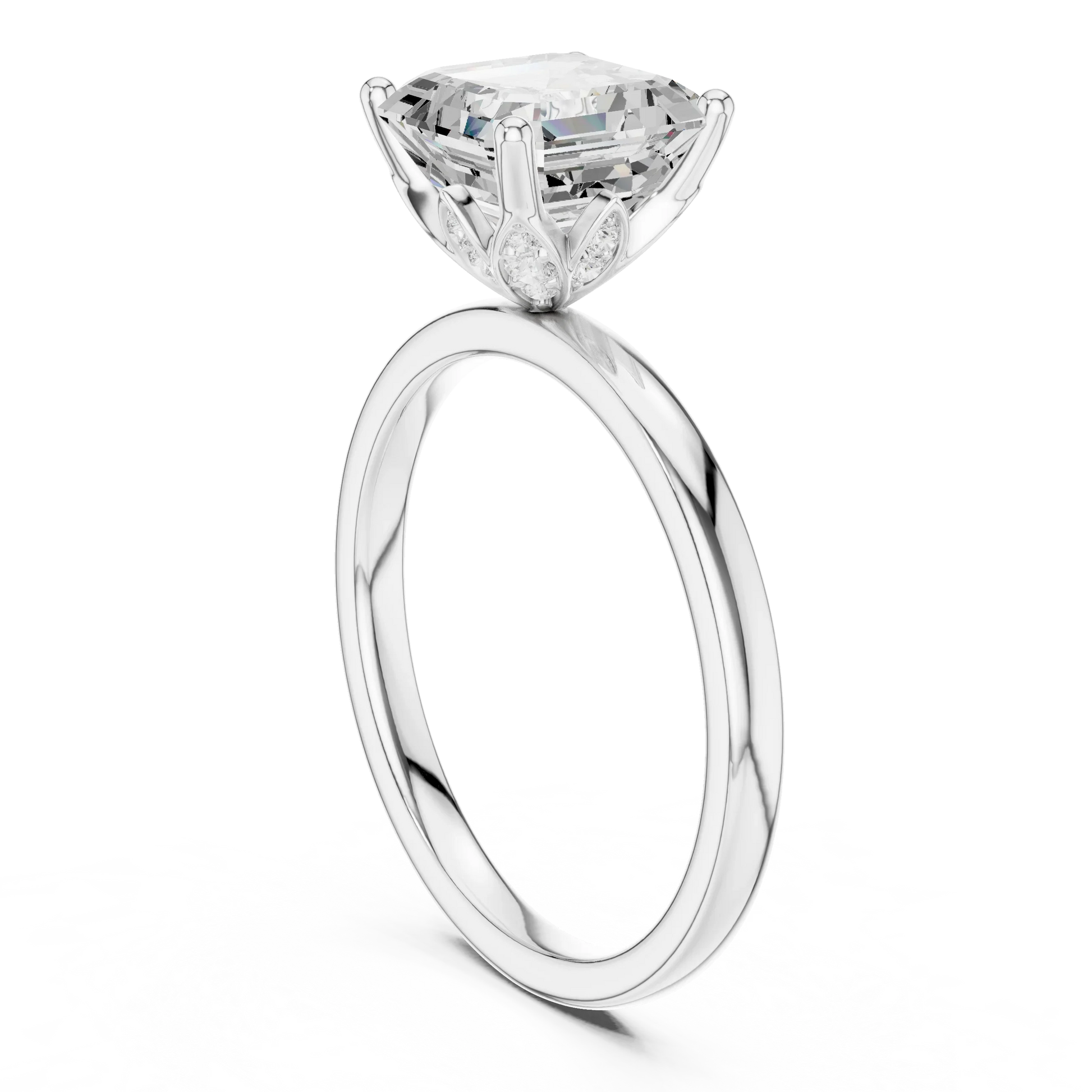 Back side view of white gold Asscher cut solitaire ring showing band and setting details
