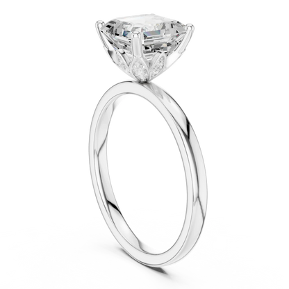 Back side view of white gold Asscher cut solitaire ring showing band and setting details