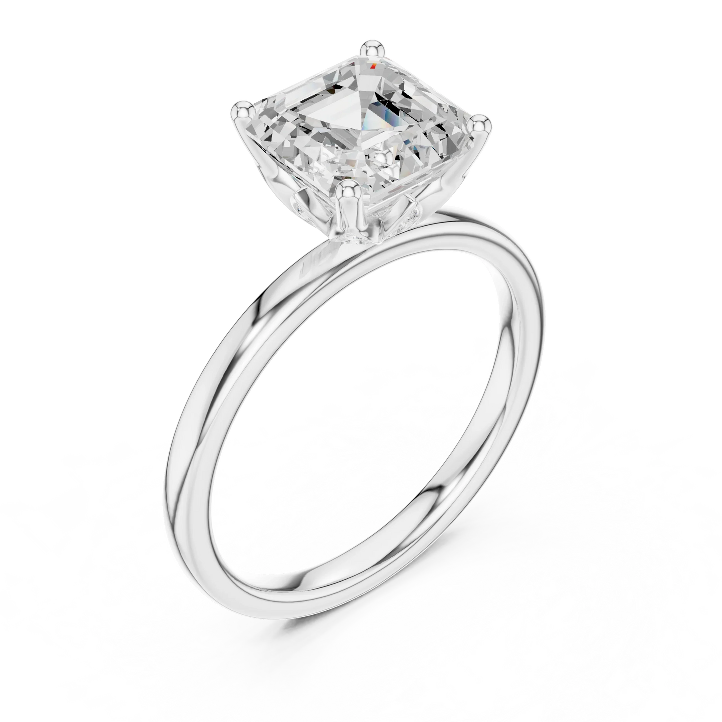 Front view of white gold Asscher cut solitaire ring with domed band and center stone