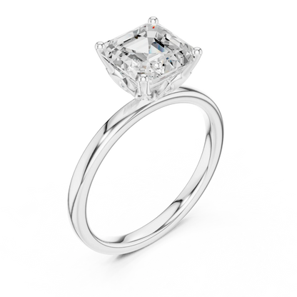 Front view of white gold Asscher cut solitaire ring with domed band and center stone
