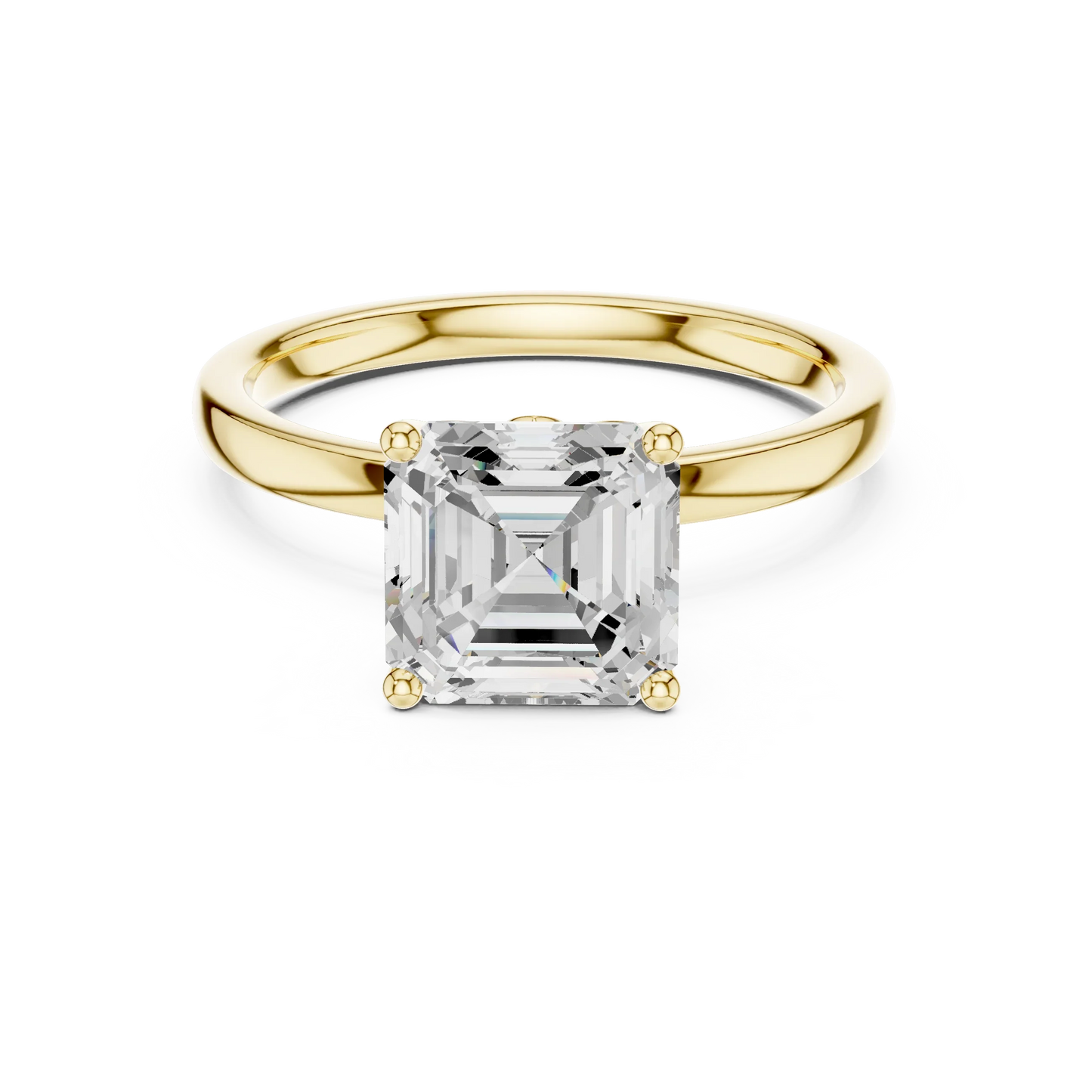 Lab-grown Asscher cut solitaire ring in yellow gold with smooth domed band