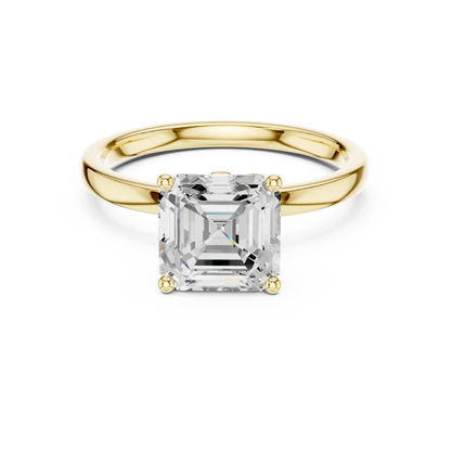 Lab-grown Asscher cut solitaire ring in yellow gold with smooth domed band