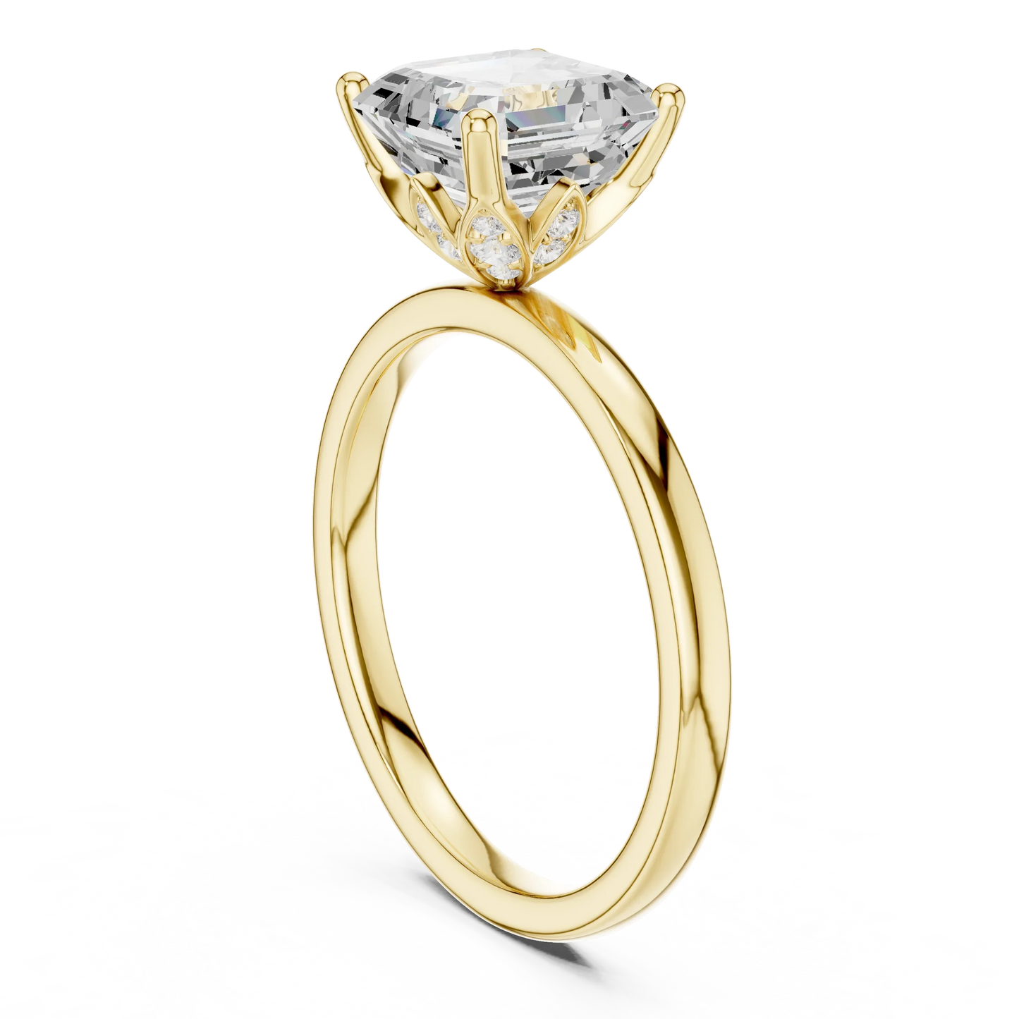 Back side view of yellow gold Asscher cut solitaire ring showing band and setting structure