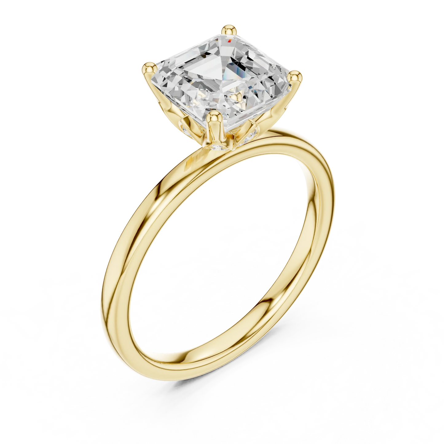 Front view of yellow gold Asscher cut solitaire ring with domed band and center gemstone