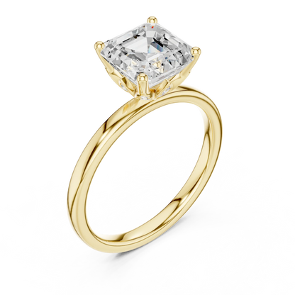 Front view of yellow gold Asscher cut solitaire ring with domed band and center gemstone