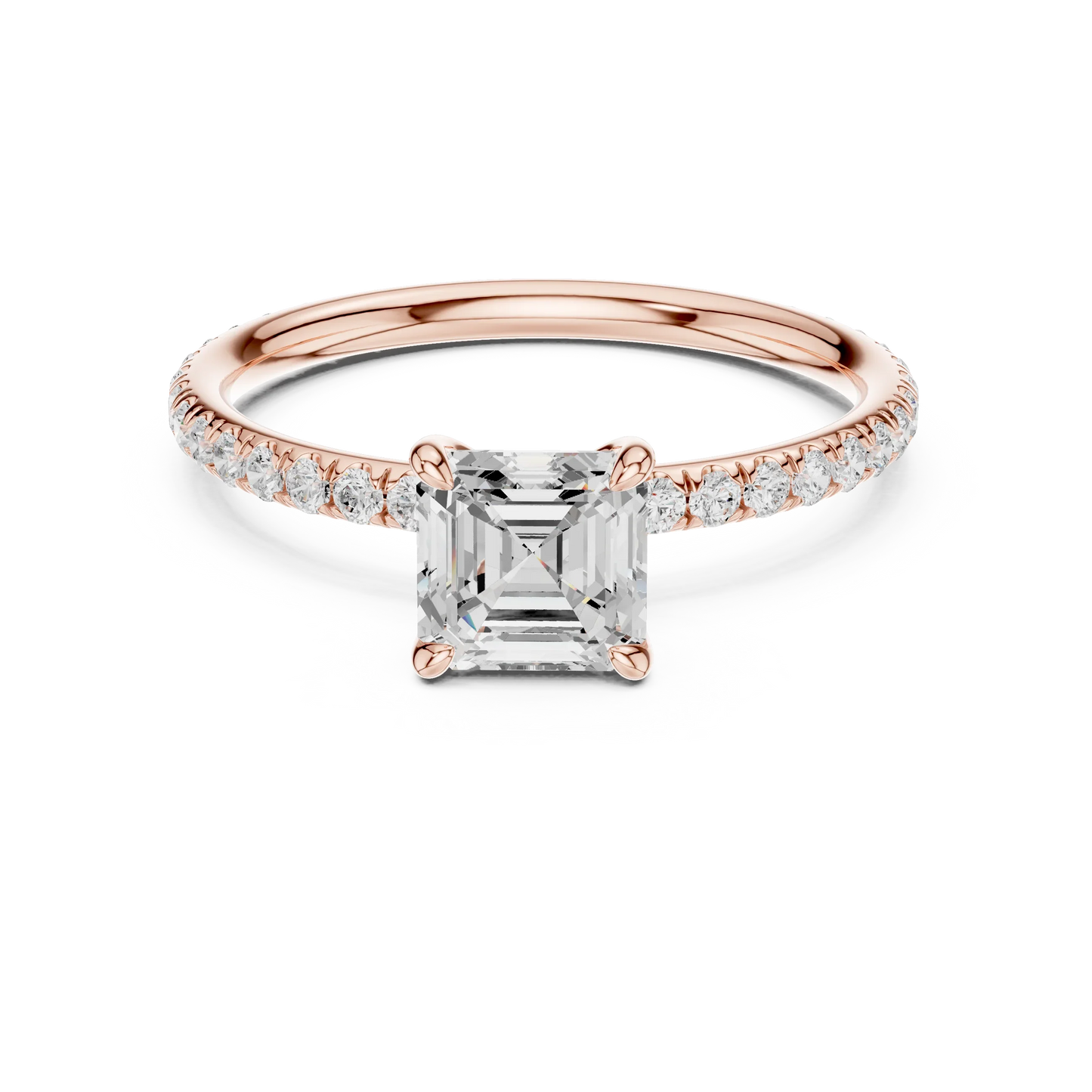 Lab-grown Asscher cut solitaire ring in rose gold with thin pavé diamond band